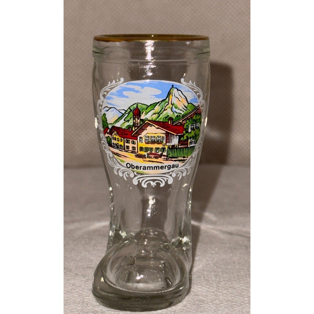 Vintage Oberammergau Souvenir Shot Glass Boot "Stiefel" 3" Gold Trim Germany